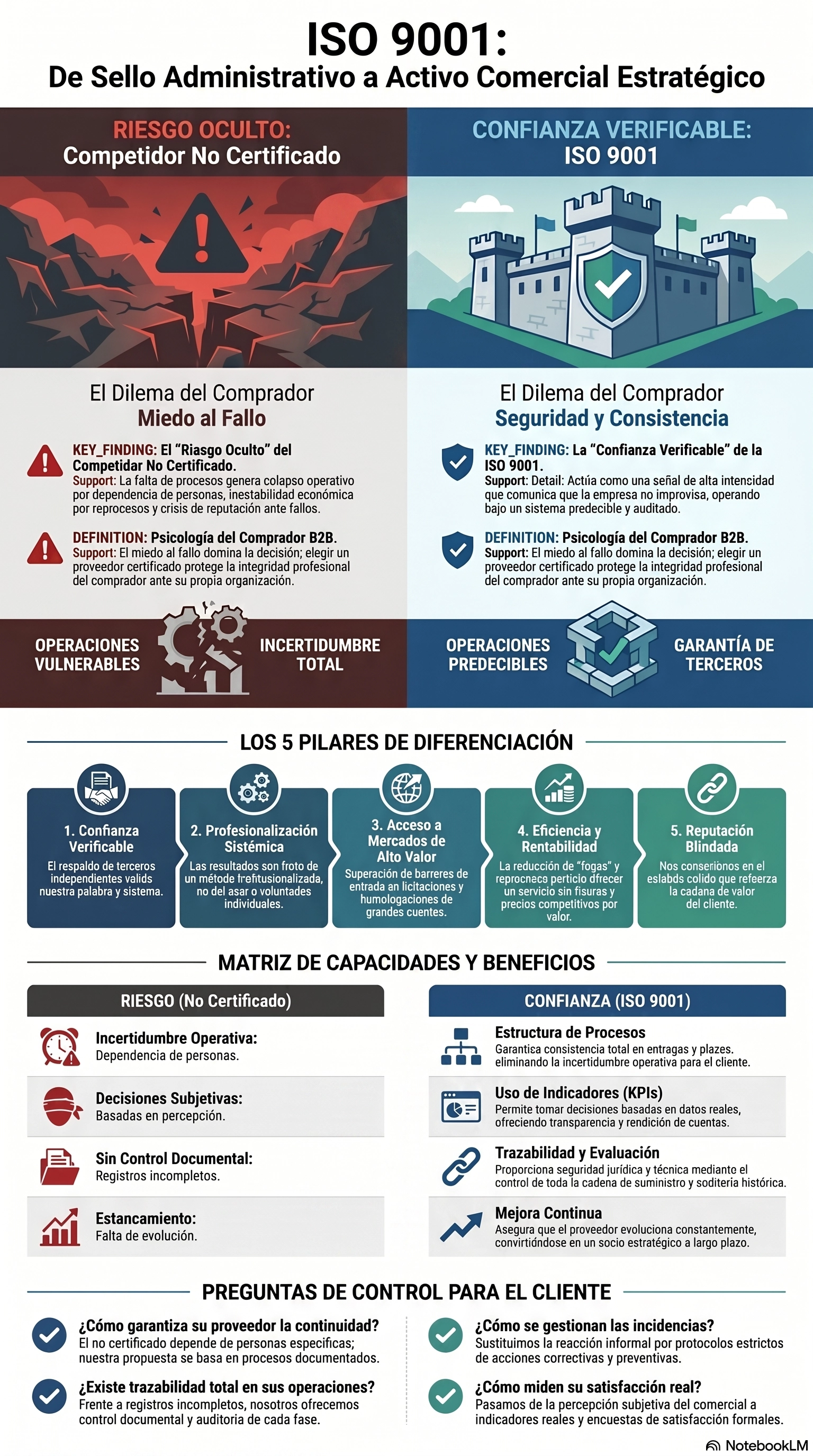 Infografía: ISO 9001 de Sello Administrativo a Activo Comercial Estratégico — Matriz de capacidades, 5 pilares de diferenciación y preguntas de control para clientes B2B.