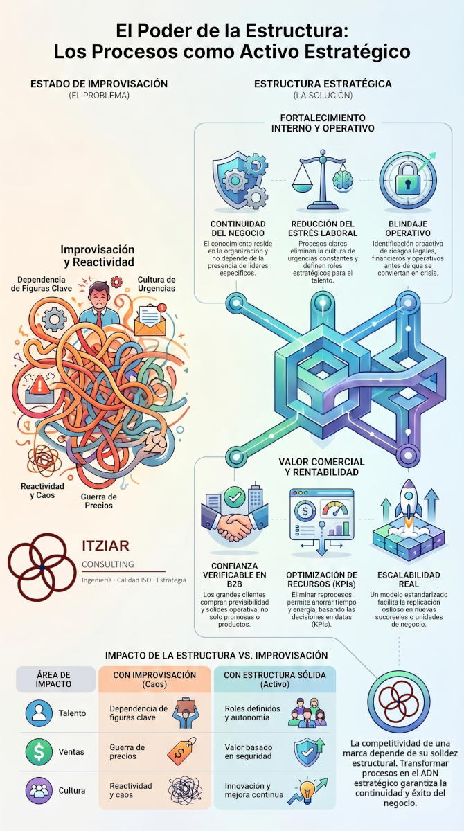 Infografía: El Poder de la Estructura — Los Procesos como Activo Estratégico. Comparativa entre improvisación y estructura estratégica.